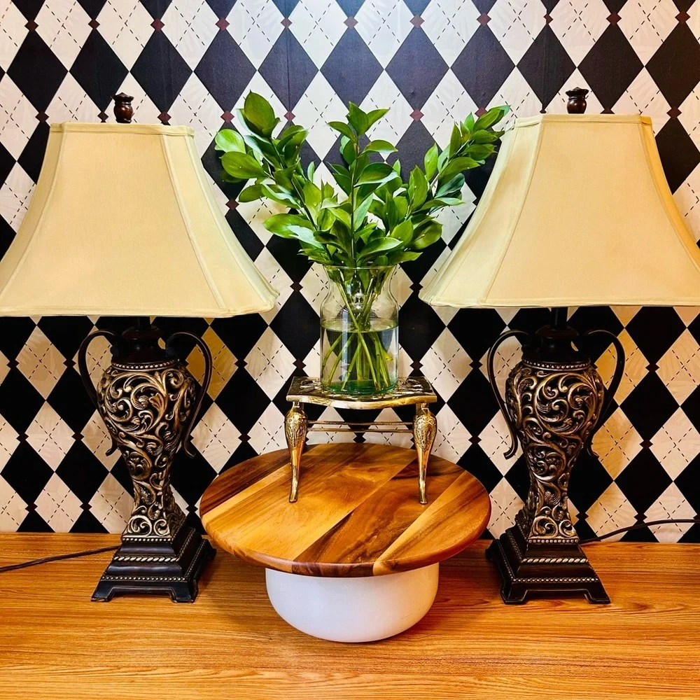 Ornate Moody Lamps Pair  Vintage Black & Gold Table Lamps w/ Cream Ivory Shades